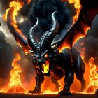 Fiery beast with curved horns in burning city streets