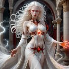 Fantasy woman with pale skin and white hair wields magic in temple setting