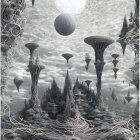 Intricate Monochrome Fractal Landscape with Towers and Spheres