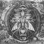 Detailed monochromatic drawing of intricate face with floral patterns in circle, surrounded by swirling vegetative motifs