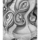 Surreal grayscale drawing with multiple eyes and ear-like shapes in organic pattern