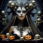 Elaborate Dark Costume with Skull Crown, Pumpkins, and Skulls