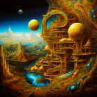 Golden cityscape with ornate towers, floating blue orbs, mountains, and planets