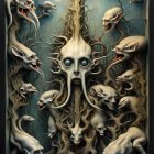 Surreal artwork with central figure, multiple eyes, fantastical creatures, tree-like structures, star