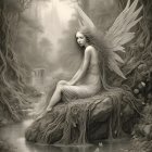 Monochromatic winged fairy by serene stream in mystical forest