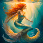 Red-haired mermaid with turquoise tail swimming underwater amidst bubbles and glowing hair.