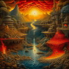 Surreal landscape with fiery skies, lava, pagoda-style buildings, blue river, lone figure