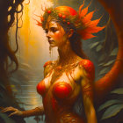 Fantasy artwork: Woman with plant tattoos in rainforest.