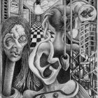 Surreal black and white drawing of woman's face among skulls and wires