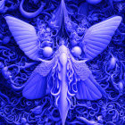 Monochromatic blue symmetrical design with angelic figures, doves, ornate patterns, spheres