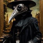 Steampunk-style plague doctor costume with top hat, goggles, beaked mask, and mechanical gloves