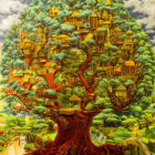 Vibrant tree painting with village nestled in branches