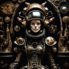 Steampunk astronaut woman in ornate suit with brass details and clockwork elements against intricate gear background