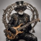 Elderly Man in Steampunk Attire with Guitar in Mechanical Setting