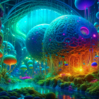 Vibrant alien landscape with glowing flora and floating orbs