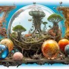 Surrealist artwork: Ornate frames, vibrant ecosystem, mushroom-like trees, transparent sphere, colorful