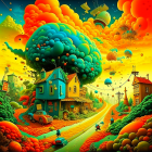 Colorful surreal landscape with whimsical houses and floating fish