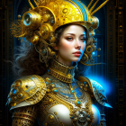 Elaborate steampunk-style diver's helmet woman in brass armor against futuristic backdrop