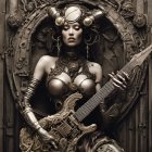 Steampunk female figure with mechanical body parts and guitar in intricate gear frame