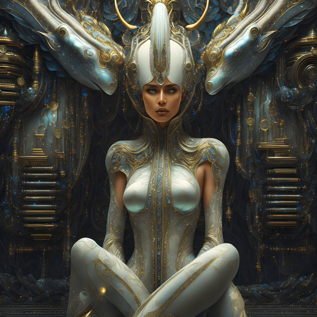 Futuristic female figure in gold and blue armor with regal headdress among intricate machinery