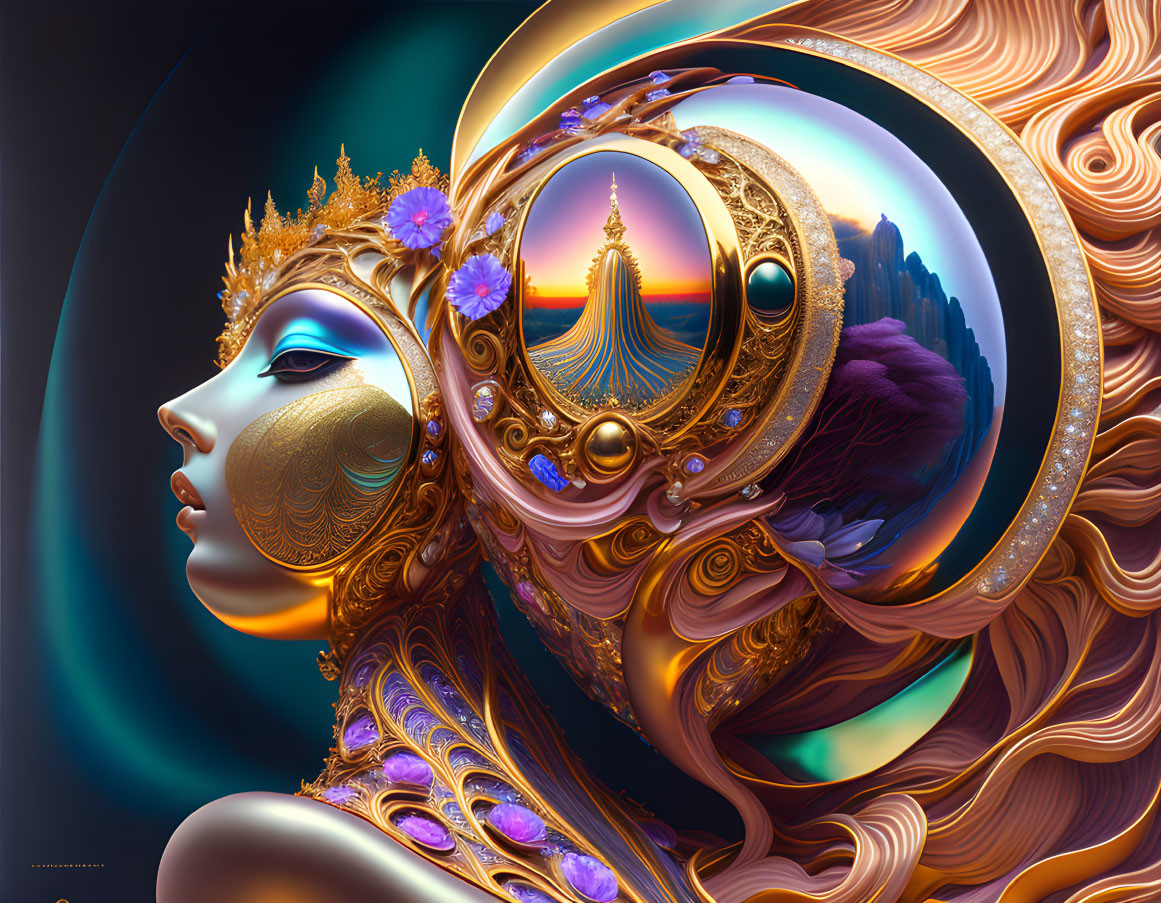 Surreal digital artwork: Female figure with golden ornaments and fantastical landscape reflection