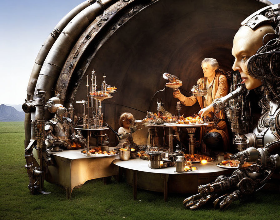 Humanoid robots and person feasting in metal pipe on grassy landscape