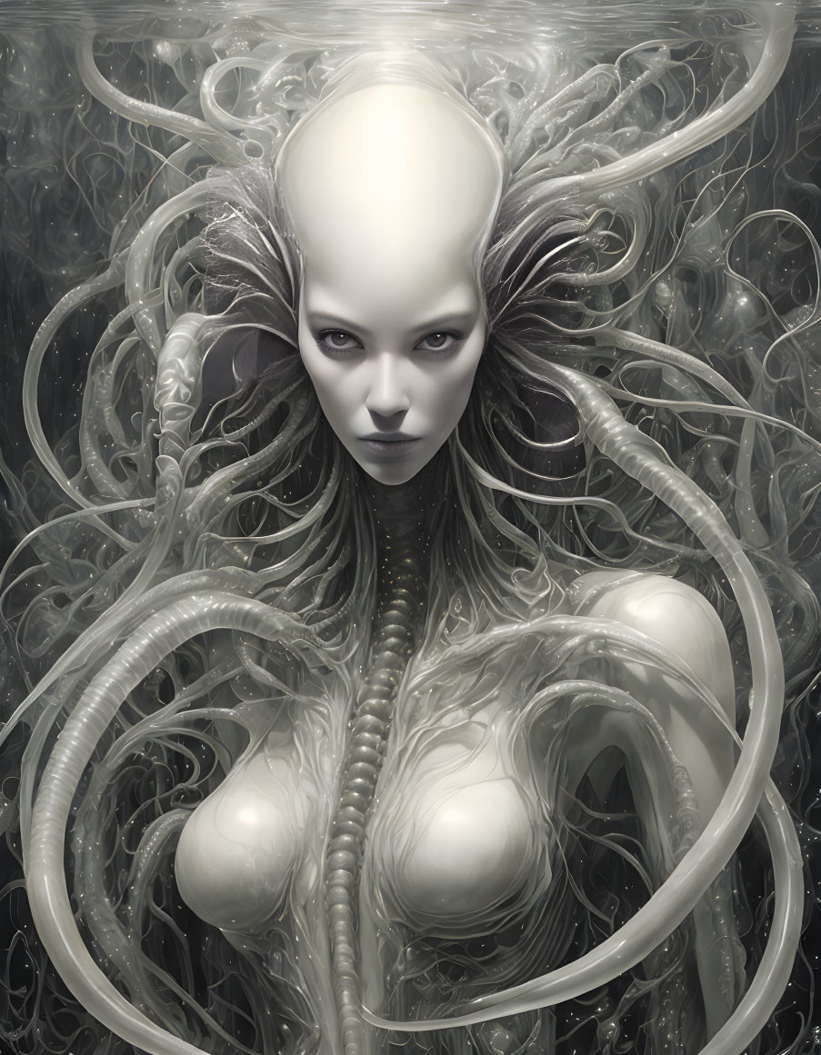 Bald Female Figure with Tentacle-like Appendages on Grey Background