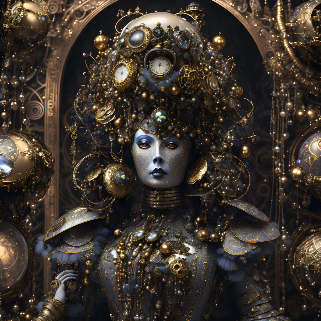 Steampunk-inspired female character with clockwork details and ornate background.