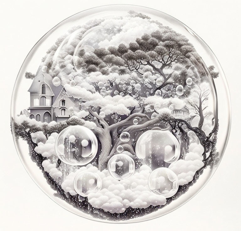 Monochrome circular surreal landscape with trees, bubbles, clouds, and a house