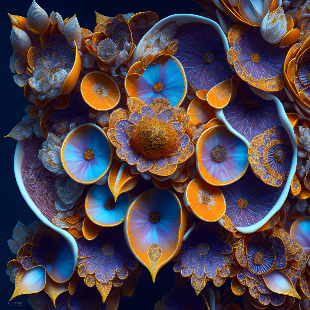 Intricate Floral Patterns in Blue, Orange, and White Hues