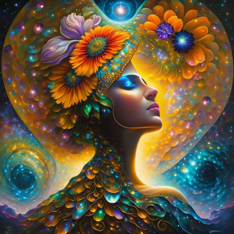 Colorful woman with peacock headdress in cosmic setting