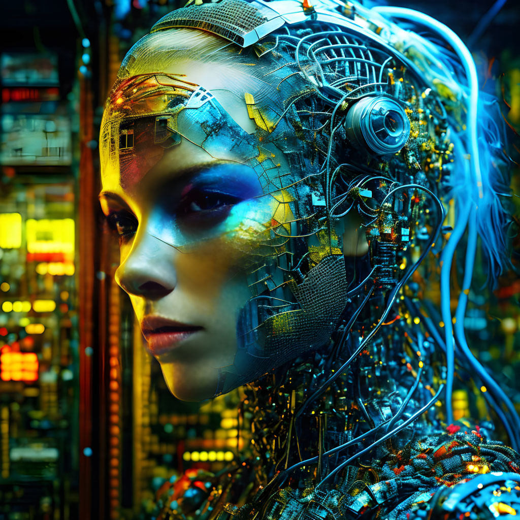 Detailed Cybernetic Being with Humanoid Face and Blue Wiring