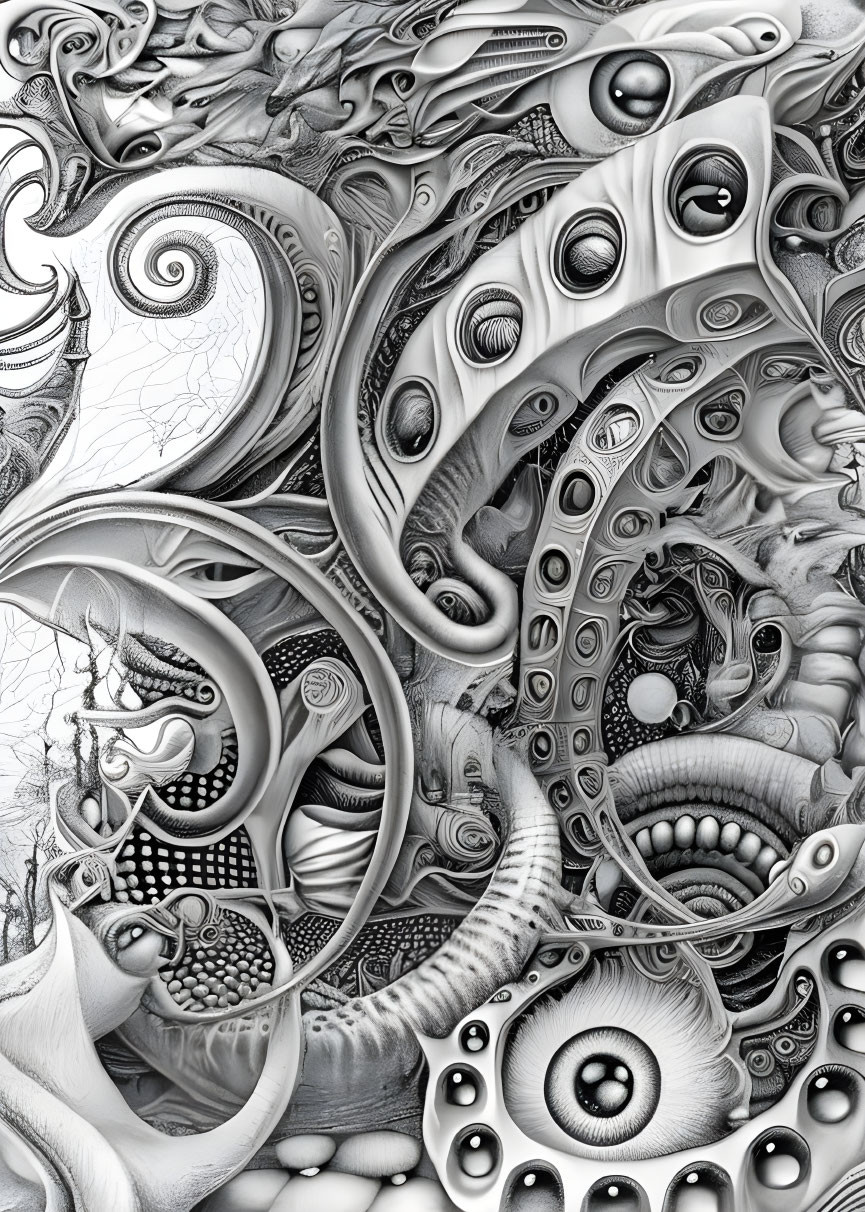 Abstract grayscale digital artwork with surreal organic shapes and eye-like motifs