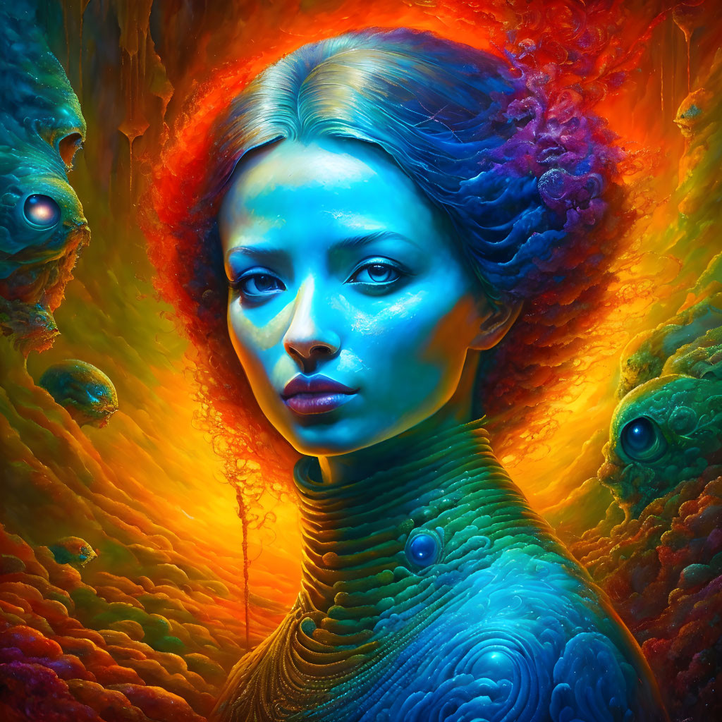 Colorful portrait of female figure with blue skin and surreal fish-like creatures in fiery backdrop