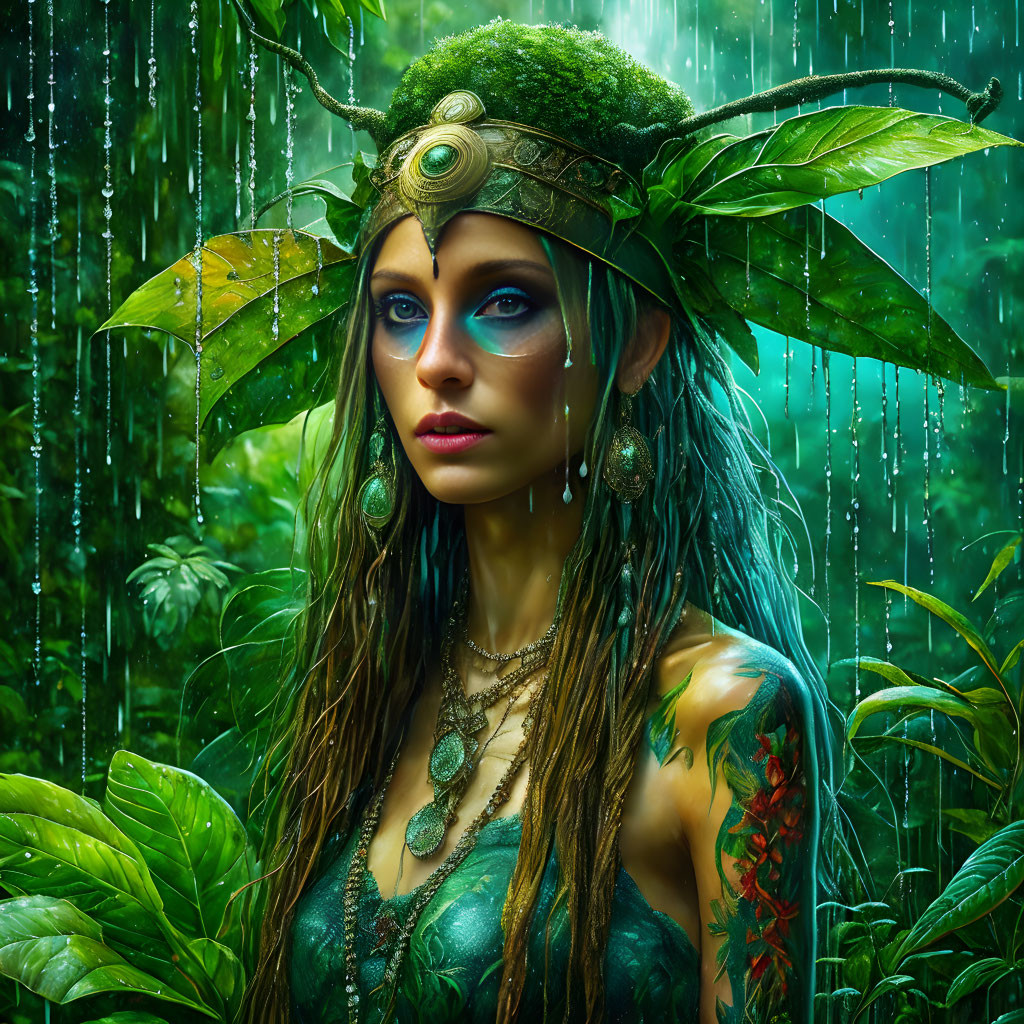 Forest nymph in green leaf headpiece and nature jewelry in lush, rain-soaked forest