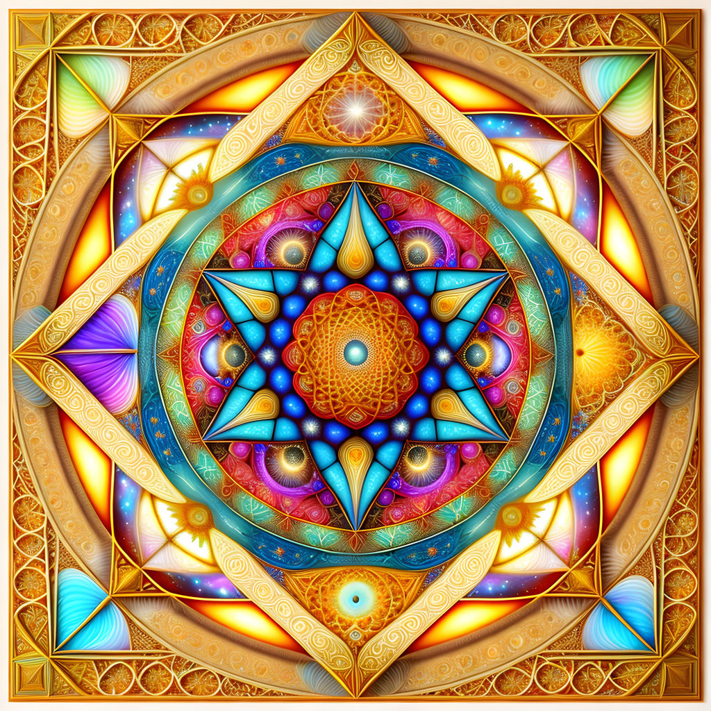 Colorful Digital Mandala with Geometric Patterns and Multiple Eyes in Gold, Blue, and Pink