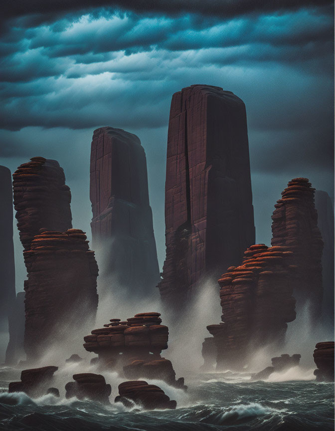 Turbulent sea with towering rock formations in stormy atmosphere