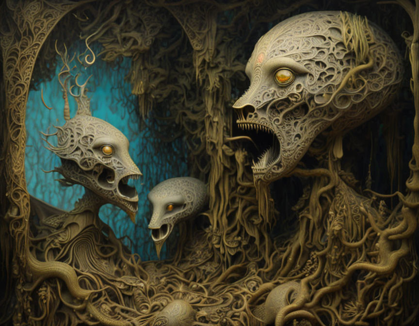 Ornate skull-like figures in surreal dark scene