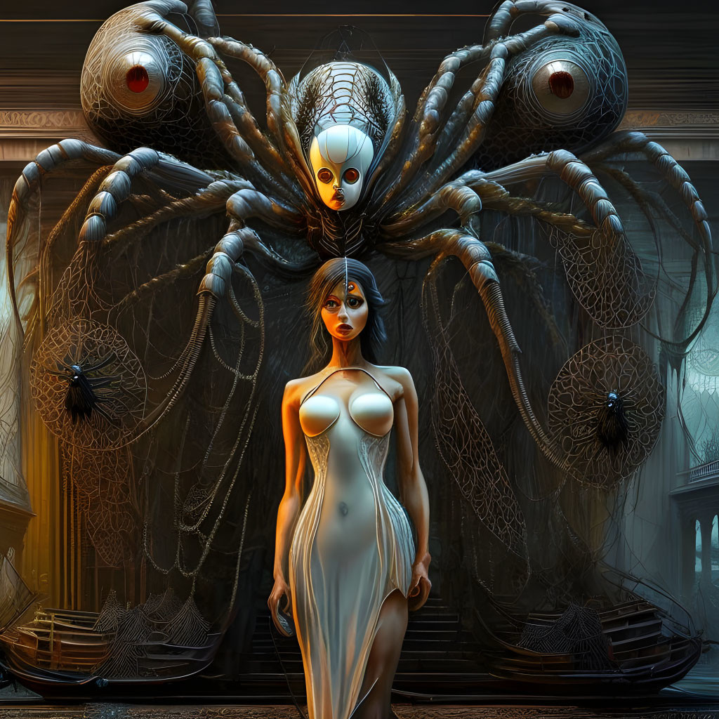 Digital artwork: Humanoid figure with spider-like creature in dim, web-filled setting