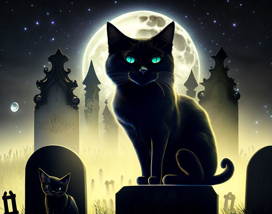 Black Cat with Green Eyes on Gravestone Under Full Moon