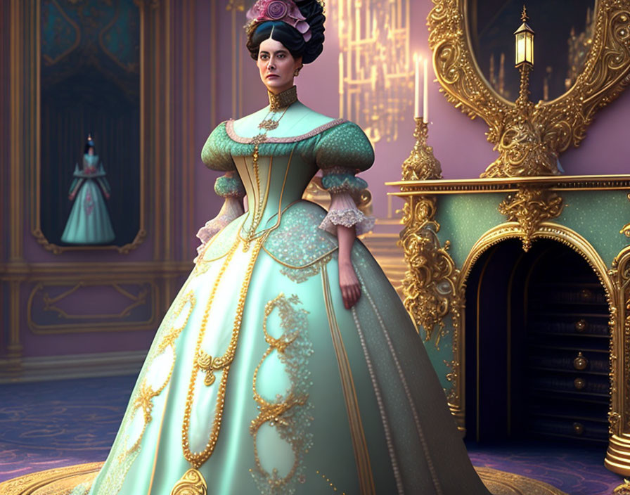 Animated woman in turquoise Victorian gown in opulent ballroom