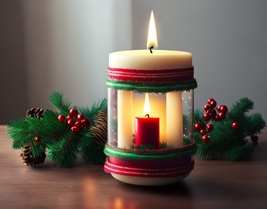 White candle with red and green ribbons, pine branches, and red berries for Christmas ambiance