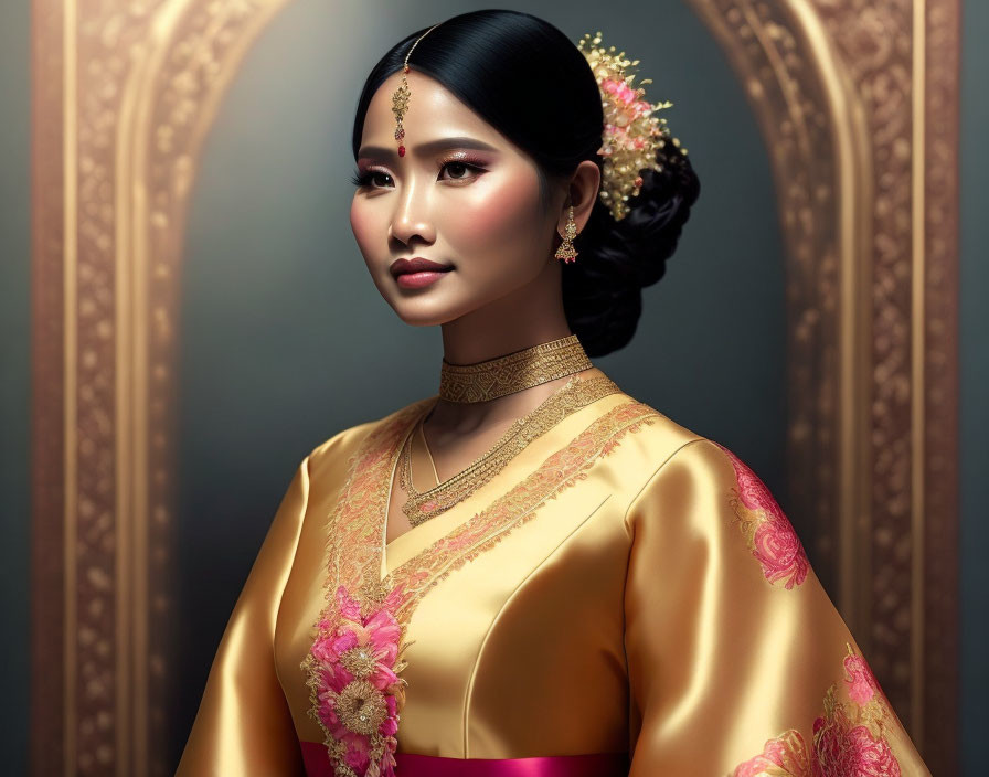 Traditional jewelry and golden attire on elegant woman against ornate backdrop