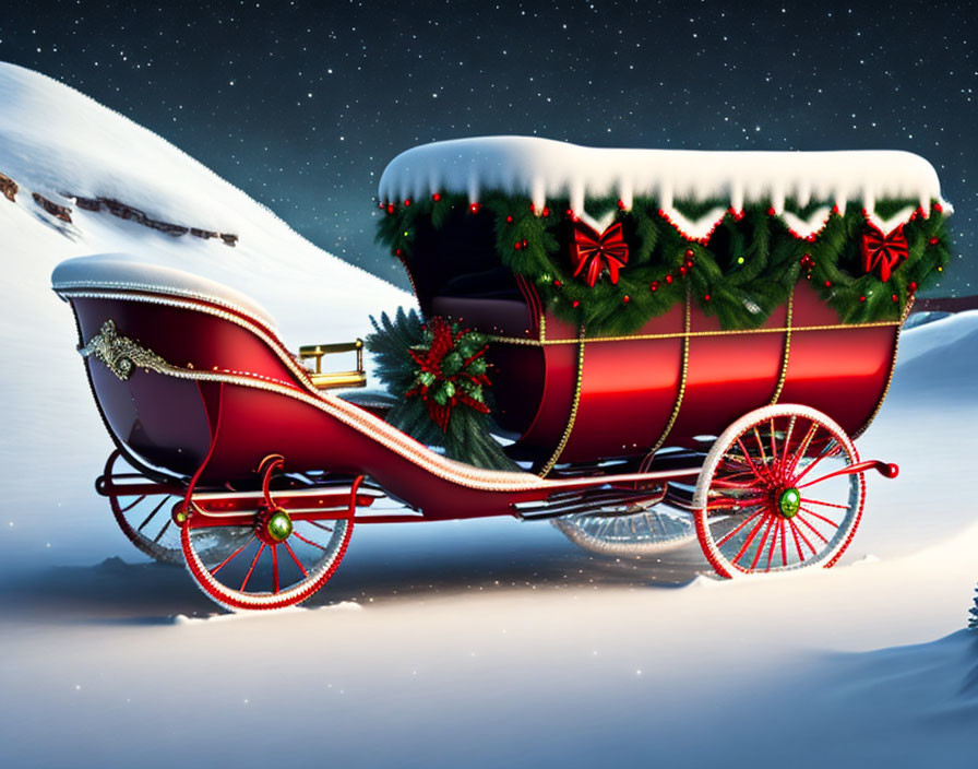 Red and Green Christmas Sleigh in Snowy Night Scene