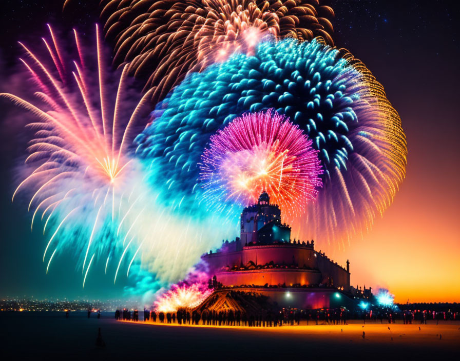 Colorful fireworks above castle and crowd at dusk