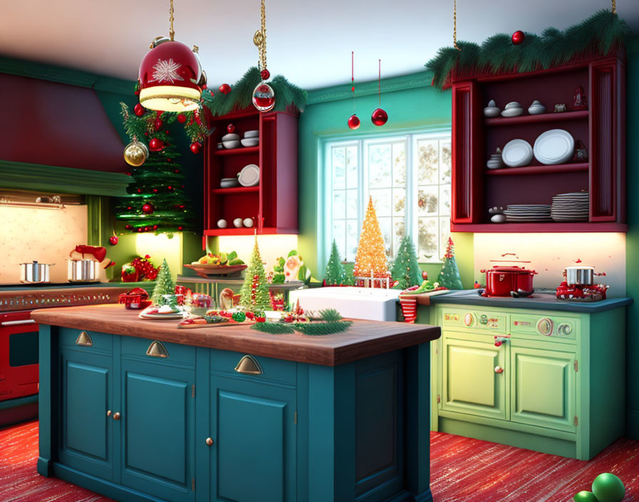 Festive Christmas kitchen with red and green decor