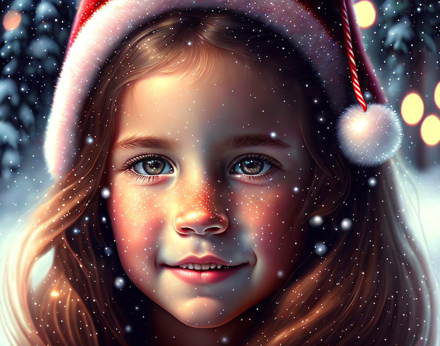 Young girl in Santa hat with snowflakes, winter festive backdrop