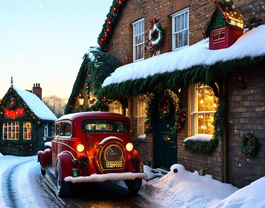 Vintage Red Car Parked on Snowy Street by Decorated Christmas House at Twilight