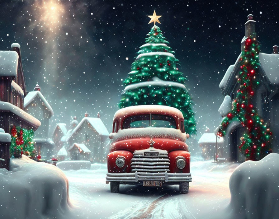 Vintage Red Truck in Snow-Covered Street with Christmas Decorations