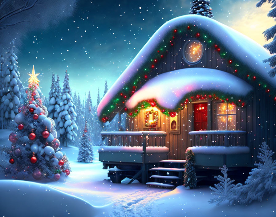 Snow-covered cabin with Christmas decorations in wintry forest at twilight